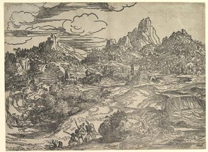 Landschap met Familie die Samen Wandelt op de Voorgrond, links twee Figuren met door Domenico Campagnola