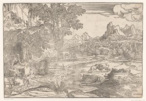 Landschap met Hieronymus en twee leeuwen door Domenico Campagnola