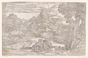 Landschap met koppel met een draailier door Domenico Campagnola