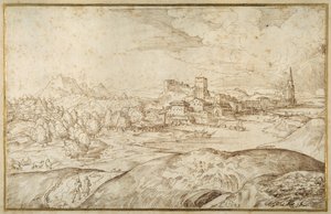 Bergachtig landschap met een rivier en een versterkte stad met een toren met spits