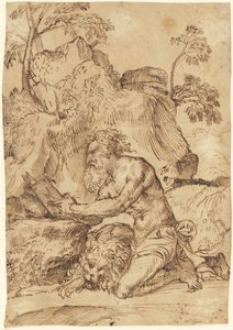 Sint Hiëronymus Lezend in de Wildernis door Domenico Campagnola