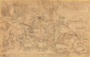Herder die een fluit speelt en zijn kudde leidt door Domenico Campagnola