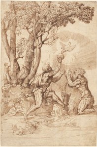 De Kluizenaar Heiligen Paulus en Antonius Ontvangen Brood van een Duif door Domenico Campagnola