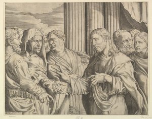 Het belastinggeld: Christus in het midden rechts wijzend naar een man links van hem met munten, ca. 1564-89