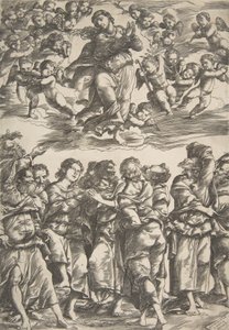 De Maagd bovenaan in het midden in de wolken met gevouwen handen en rechtervoet omhoog, omringd door..., 1517 door Domenico Campagnola
