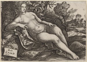 Venus Liggend in een Landschap door Domenico Campagnola