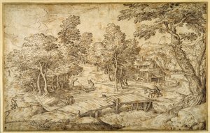 Bosrijk landschap met een boerderij en een houten brug over een sluis