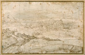 Bosrijk landschap met een kronkelende rivier; in de verte een stad, een mengeling van torenspitsen en koepels met antieke ruïnes door Domenico Campagnola