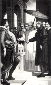 Michelangelo presenteert een model van de koepel van de Sint-Pietersbasiliek aan paus Paulus IV