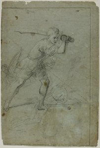 David onthoofdt Goliath (recto); Schets van gedrapeerde vrouwelijke figuur met rechterarm boven het hoofd (verso) door Domenico Fiasella
