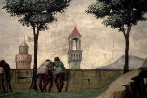 Mannen die over een muur kijken, uit de Visitatie