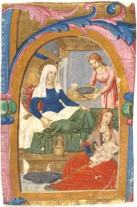De geboorte van de Maagd in een initiaal H door Domenico Ghirlandaio
