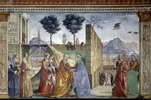 Het verhaal van Sint Johannes de Doper: De Visitatie. Fresco door Domenico Ghirlandaio (1449-1494) door Domenico Ghirlandaio