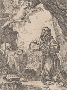 Sint Franciscus van Assisi, knielend voor een kruisbeeld met twee engelen linksboven