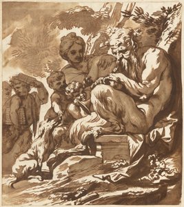 Een satyr die zijn familie vermaakt door Domenico Piola