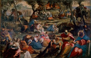 De verzameling van manna (Joden in de woestijn). Scène uit het Oude Testament: God voedt de Israëlieten die zouden sterven van de honger met kwarteleitjes en manna. Rechts Aaron en Mozes. Schilderij door Jacopo Robusti, genaamd Tintoretto