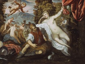 Venus en Mars met Cupido en de Drie Gratiën in een Landschap door Domenico Robusti Tintoretto