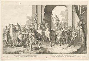 Militaire stoet met Alexander de Grote op triomfwagen (Triomftocht van Alexander de Grote in Babylon)