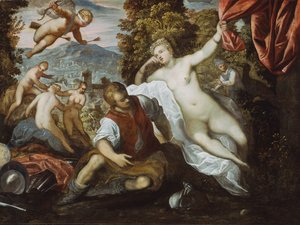 Venus en Mars met Cupido en de Drie Gratiën in een Landschap door Domenico Tintoretto