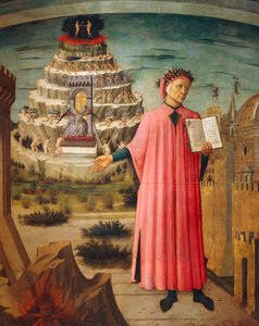 Dante Alighieri met de Goddelijke Komedie in zijn hand en bergen van het vagevuur op de achtergrond, detail van de Goddelijke Komedie, door Dante Alighieri, door Domenico di Michelino, fresco, Basiliek van Santa Maria del Fiore, Florence. Italië, 1465