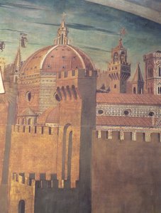 Detail van de kathedraal van Florence, uit een fresco van Dante met de Divinia Commedia in het noordelijke gangpad, 1465 (fresco) door Domenico di Michelino