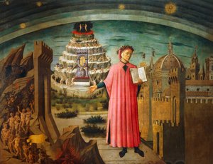 De Goddelijke Komedie, door Dante Alighieri (1265-1321), door Domenico di Michelino (1417-1491), fresco, Basiliek van Santa Maria del Fiore, Florence, Italië