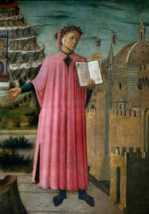De Italiaanse dichter Dante Alighieri (1265-1321) presenteert zijn werk La divina commedia. Detail. Fresco door Domenico di Michelino (1417-1491), Kathedraal Santa Maria del Fiore, Florence. (Duomo, Firenze) Italië