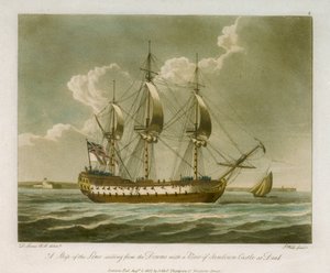 Een linieschip zeilend van de Downs met een uitzicht op Sandown Castle bij Deal door Dominic Serres