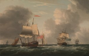 Een Engelse tweedekker in de wind, met andere schepen en vaartuigen in een frisse bries door Dominic Serres