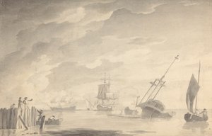Gevechtsscène, Drie Slagschepen, Eén Zinkend; Figuren Links in Roeiboot en Staande Pier