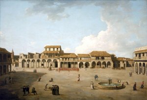 Havana Square (Cuba), augustus en september 1762, onder Britse bezetting met een troep soldaten in rode uniformen, beschrijving van de gebouwen en enkele Engelse zeelieden bij de fontein door Dominic Serres