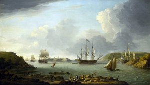 Terugkeer van een vloot naar Plymouth (Engeland), beschrijving van de stad en de baai, inclusief Drake Island en Edgcumbe Mountain door Dominic Serres