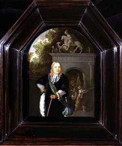 Portret van kapitein Jacobus Van Der Burgh voor de Doeler Poort, Leiden door Dominicus van Tol