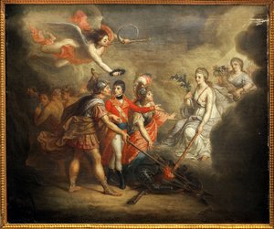 De vrede van Amiens. Verdrag ondertekend op 25 maart 1802 tussen het Verenigd Koninkrijk en zijn bondgenoten het Ottomaanse Rijk enerzijds en Frankrijk, Spanje en Nederland anderzijds. Het schilderij toont Napoleon I Bonaparte, gekroond door een engel die  door Dominique Doncre