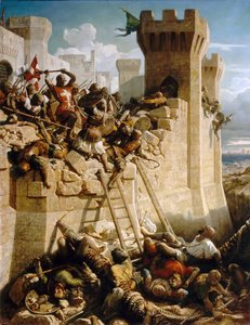 Guillaume de Clermont verdedigt de muren bij het Beleg van Akko, 1291 door Dominique Papety