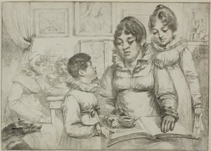Familiegroep (Vrouw leest voor aan twee kinderen)