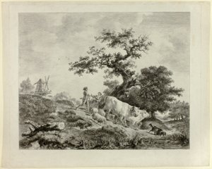 Landschap met windmolen, jonge man en meisje, en twee ossen