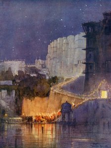 De prins arriveert bij het paleis aan het meer, Udaipur