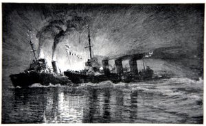 HMS Broke ramt de Duitse torpedobootjager, illustratie uit 