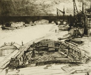 Wind en regen op de Theems door Donald Shaw MacLaughlan