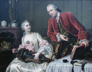Portret van Monsieur en Madame de Corcelles die Muziek maken in een Interieur