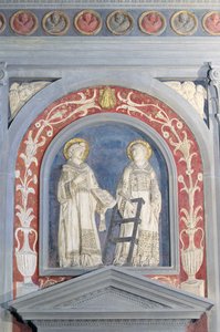 Sint Laurentius en Sint Stefanus, laag reliëf sculptuur boven de noorddeur, ca. 1440 door Donatello