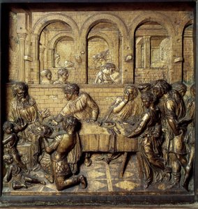 Het banket van Herodes Antipas II (21 v.Chr.-39 n.Chr.). Detail van het onderste reliëf van het doopvont gemaakt door Donato di Niccolò di Betto Bardi genaamd Donatello (1386-1466)