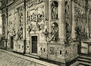 Marmeren scherm van Heilige Huis, ontworpen door Donato Bramante, Heiligdom van Heilige Huis, Loreto, Marche, Italië