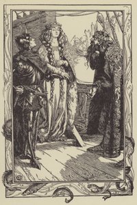 Koning Anguish geeft Isolt aan Sir Tristram (litho). door Dora Curtis