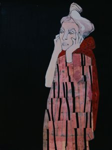 Peinzende vrouw in het rood door Doris Schmitz