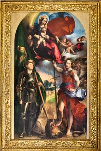 Madonna met het Kind Jezus en Sint-Joris en Aartsengel Michaël, ca.1518 door Dosso Dossi