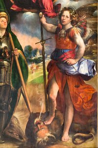 Madonna met het kindje Jezus en Sint Joris en Sint Michaël Aartsengel (detail) door Dosso Dossi