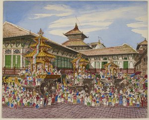 De Kumari Jatra. Drie tempelwagens buiten de Hanuman Dhoka, Kathmandu door Dr. Henry Ambrose Oldfield