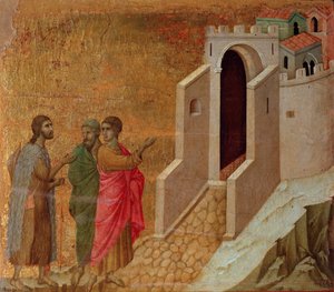Christus en pelgrims bij de poorten van de stad Emmaüs door Duccio di Buoninsegna
